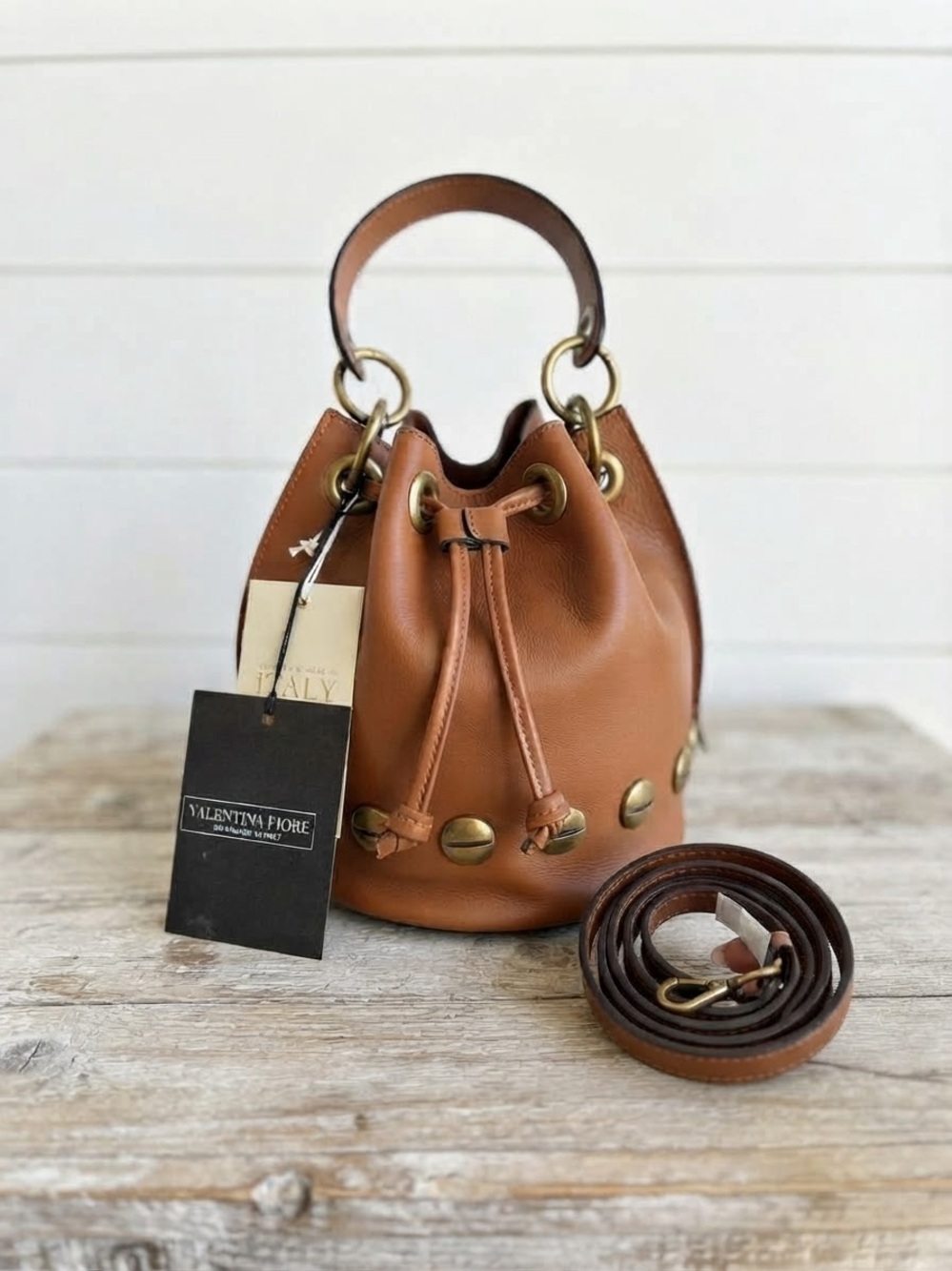 NWT Valentina Fiore Italian Leather Studded Bucket Bag – Tan / Cognac